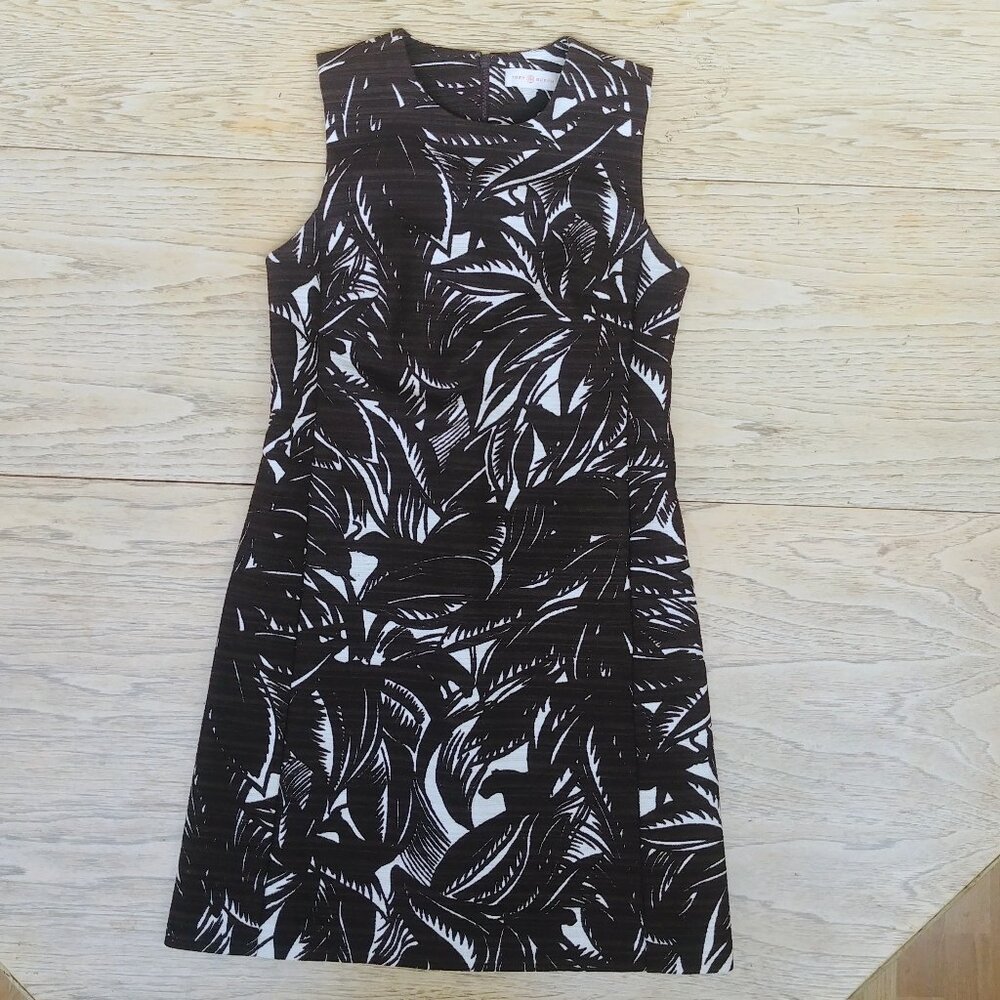 Tory Burch size 2 linen cotton brown cream frond pattern sleeveless mini dress